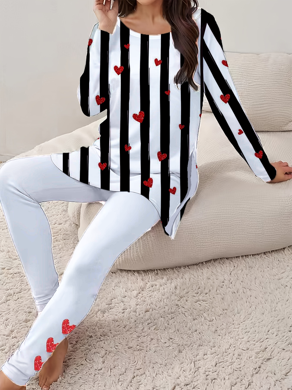 Women's Printing Striped Daily Going Out Two Piece Set Long Sleeve Casual Spring/Fall Top With Pants Matching Set