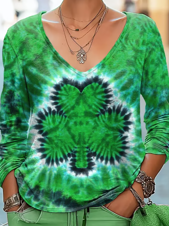 Women's Shamrock Long Sleeve Tee T-shirt V Neck Vintage Spring/Fall Top