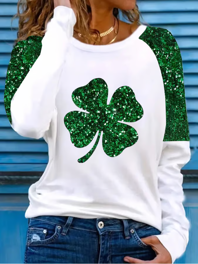 Women's Shamrock Long Sleeve Tee T-shirt St. Patrick's Day Floral Casual Spring/Fall Top