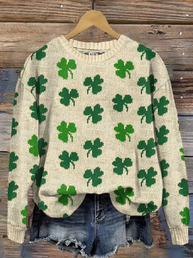 Women's Shamrock Winter Casual Long Sleeve Crew Neck Knitted Sweater