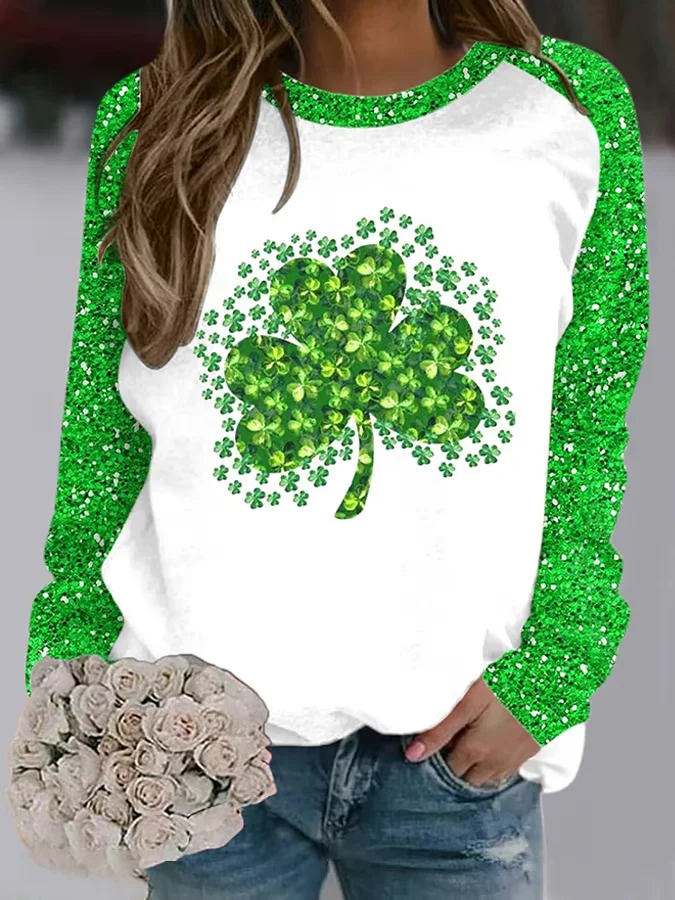 Women's St. Patrick's Day Floral Shamrock Crew Neck Printing Casual Spring/Fall Long Sleeve Sweatshirt