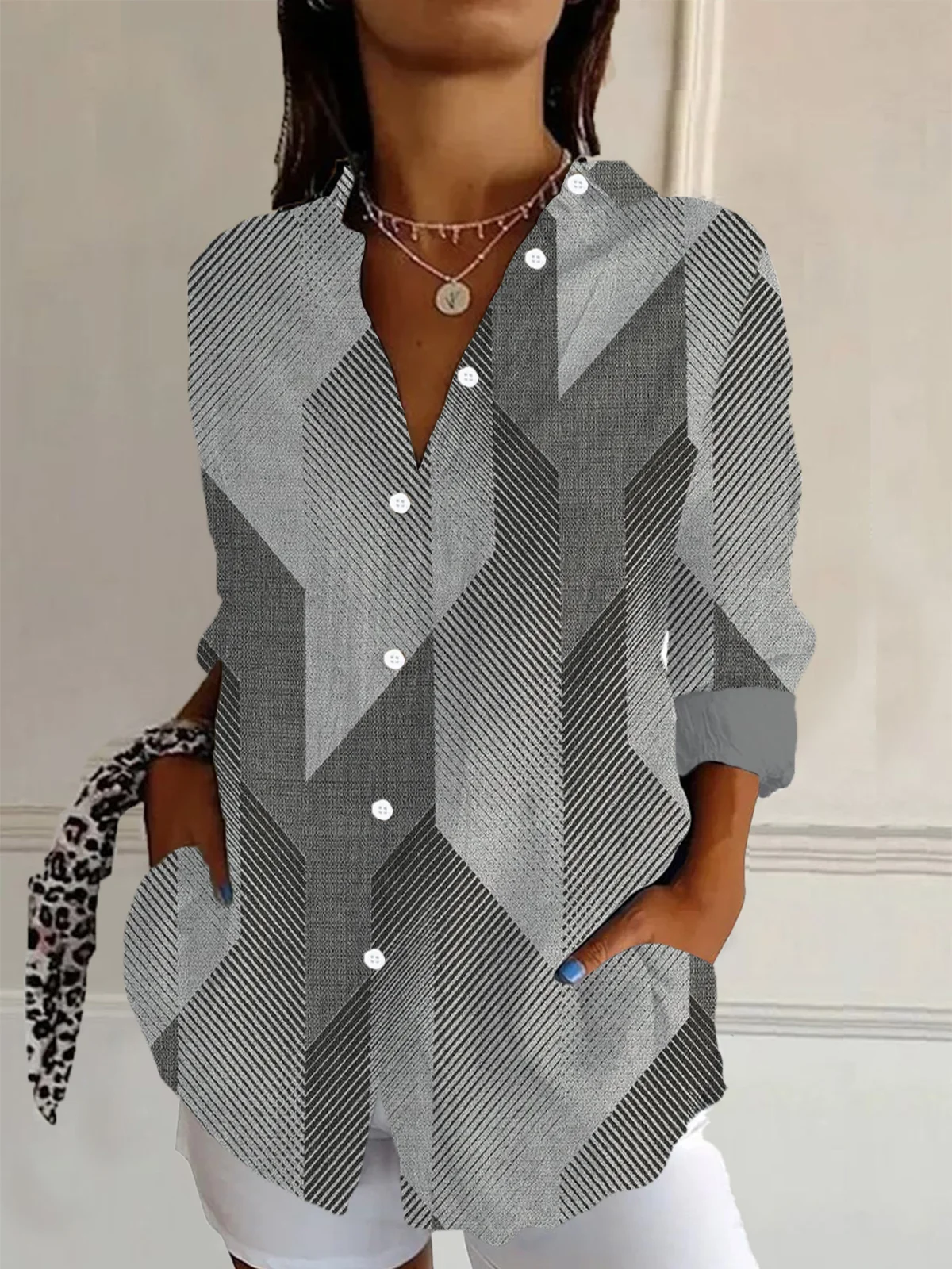 Women's Long Sleeve Shirt Spring/Fall Geometric Shirt Collar Daily Going Out Casual Top