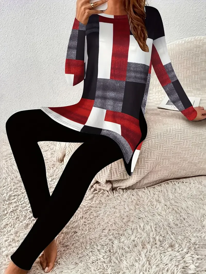 Women's Printing Plaid Daily Going Out Two Piece Set Long Sleeve Casual Spring/Fall Top With Pants Matching Set