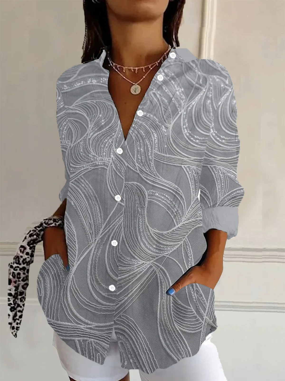 Women's Long Sleeve Shirt Spring/Fall Geometric Shirt Collar Daily Going Out Casual Top