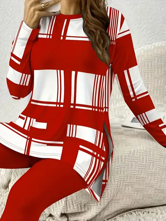 Women's Printing Plaid Daily Going Out Two Piece Set Long Sleeve Casual Spring/Fall Top With Pants Matching Set