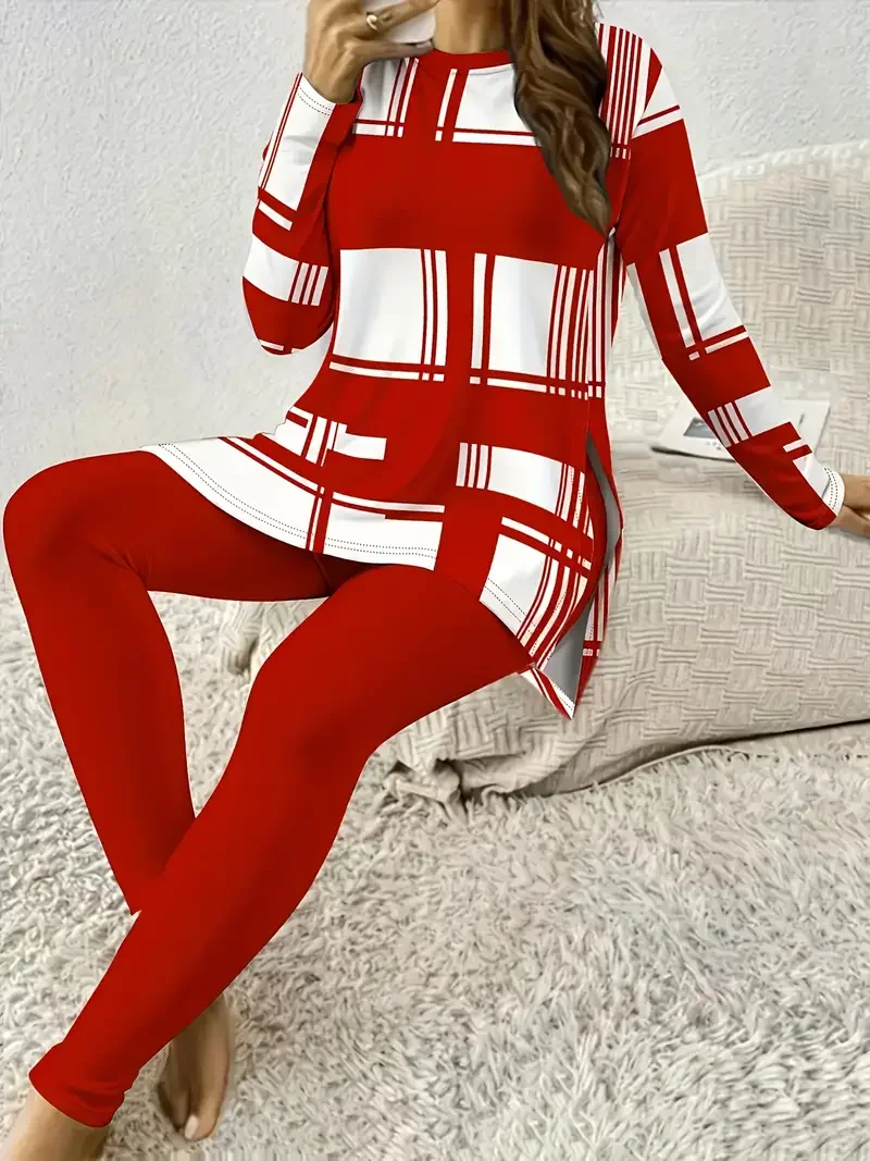 Women's Printing Plaid Daily Going Out Two Piece Set Long Sleeve Casual Spring/Fall Top With Pants Matching Set