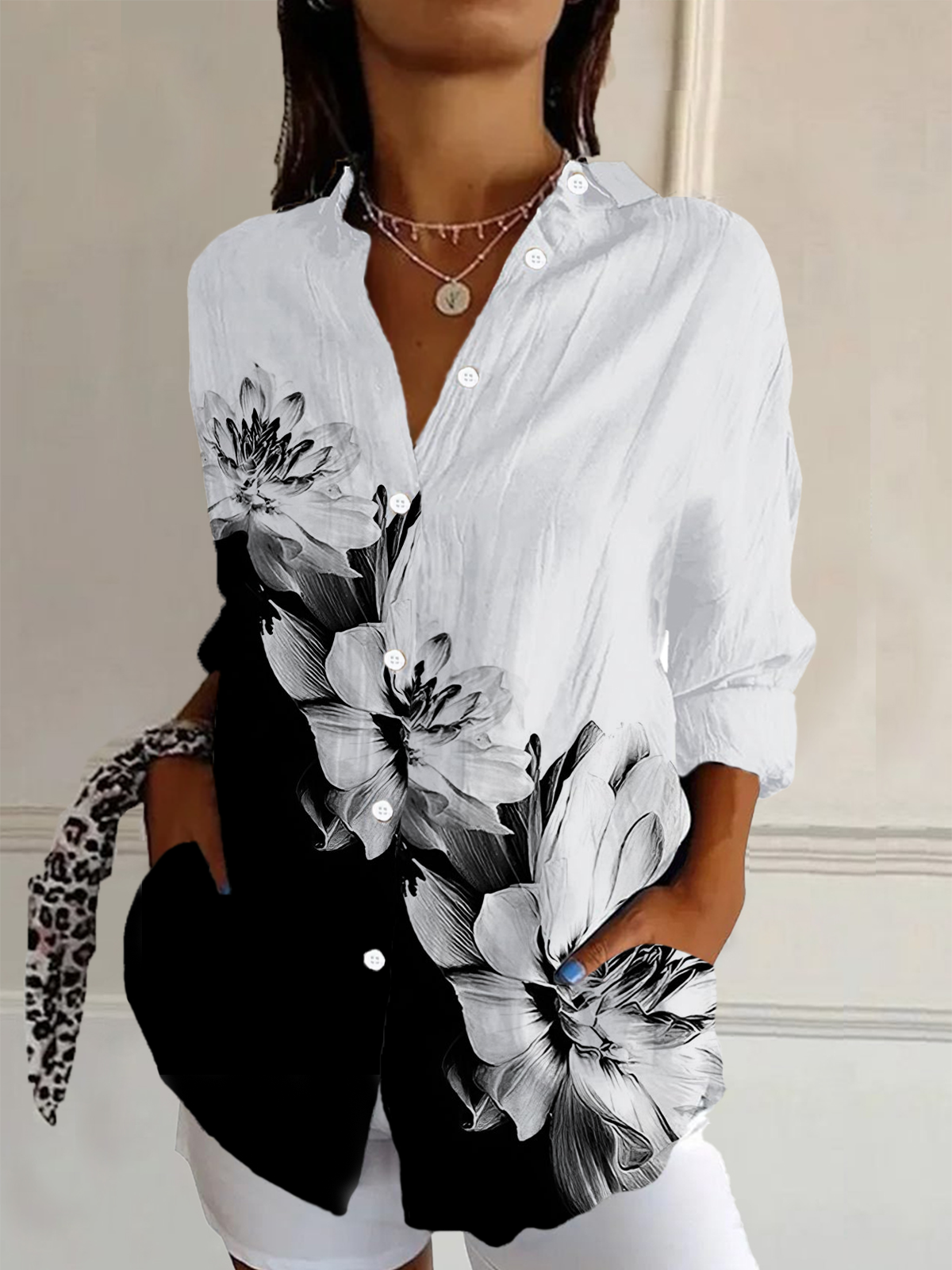 Women's Long Sleeve Shirt Spring/Fall Floral Buckle Shirt Collar Daily Going Out Casual Top