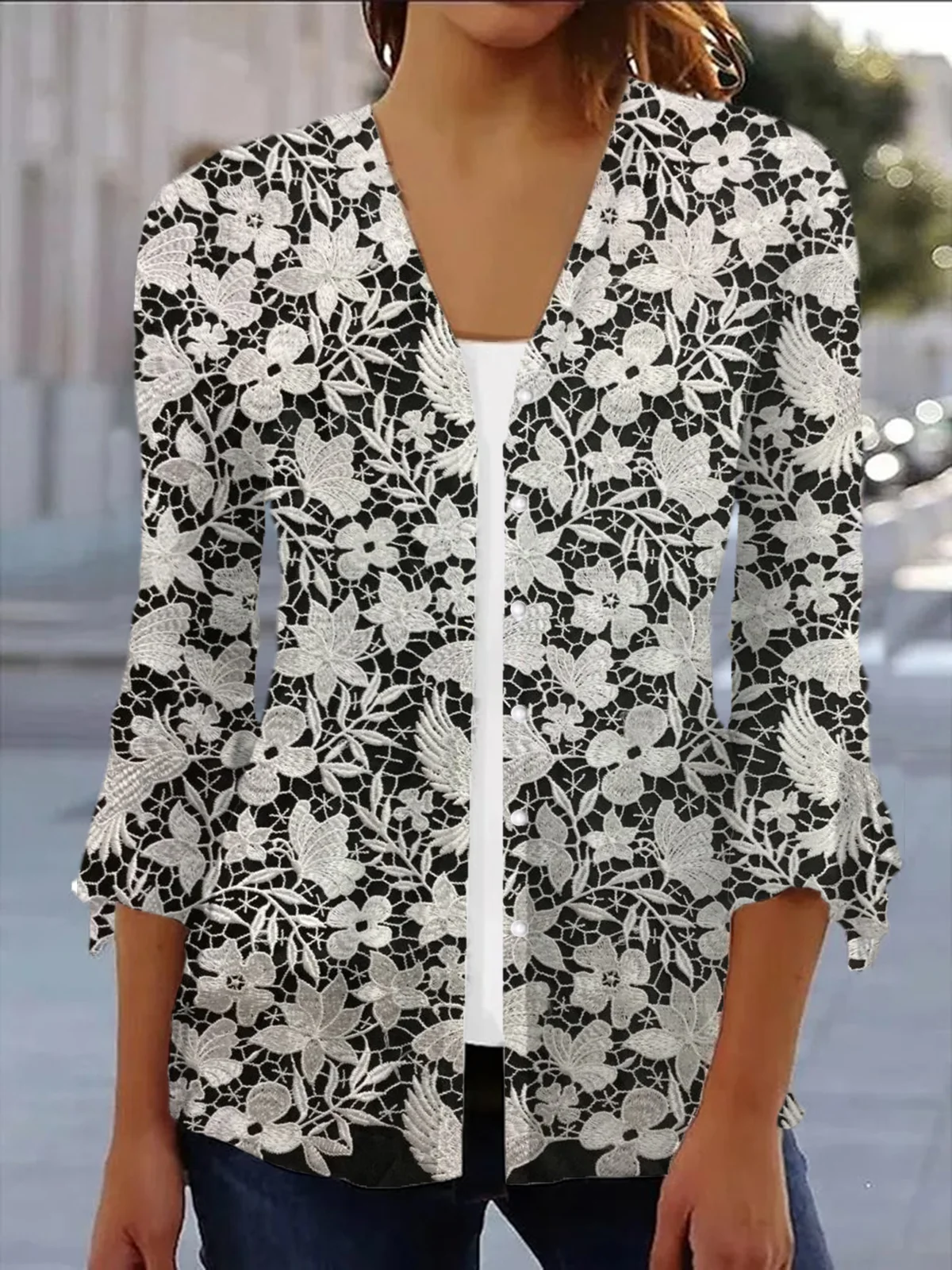 Women's Spring/Fall Cover-up Casual Floral Lightweight Cardigan