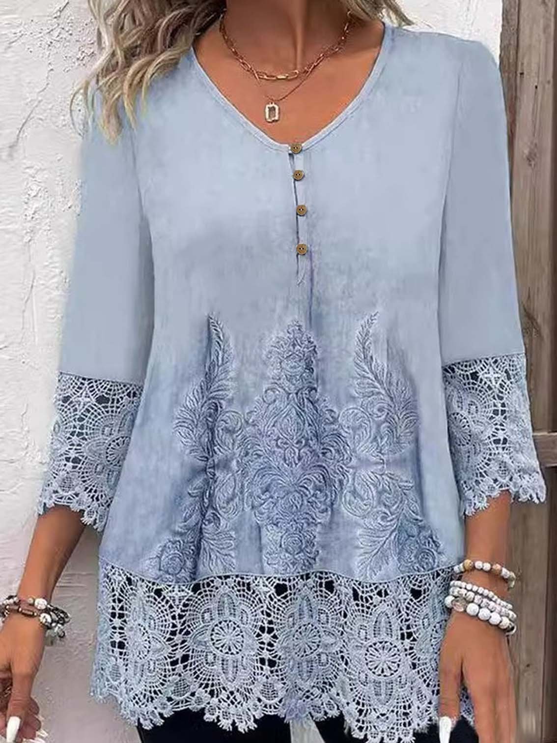 Women's Floral Three Quarter Sleeve Blouse_ Spring/Fall Lace V Neck Daily Casual Top