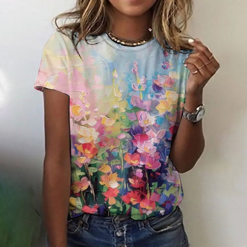 Women's Short Sleeve Tee T-shirt Summer Floral Crew Neck Casual Top