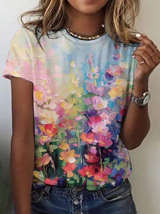 Women's Short Sleeve Tee T-shirt Summer Floral Crew Neck Casual Top