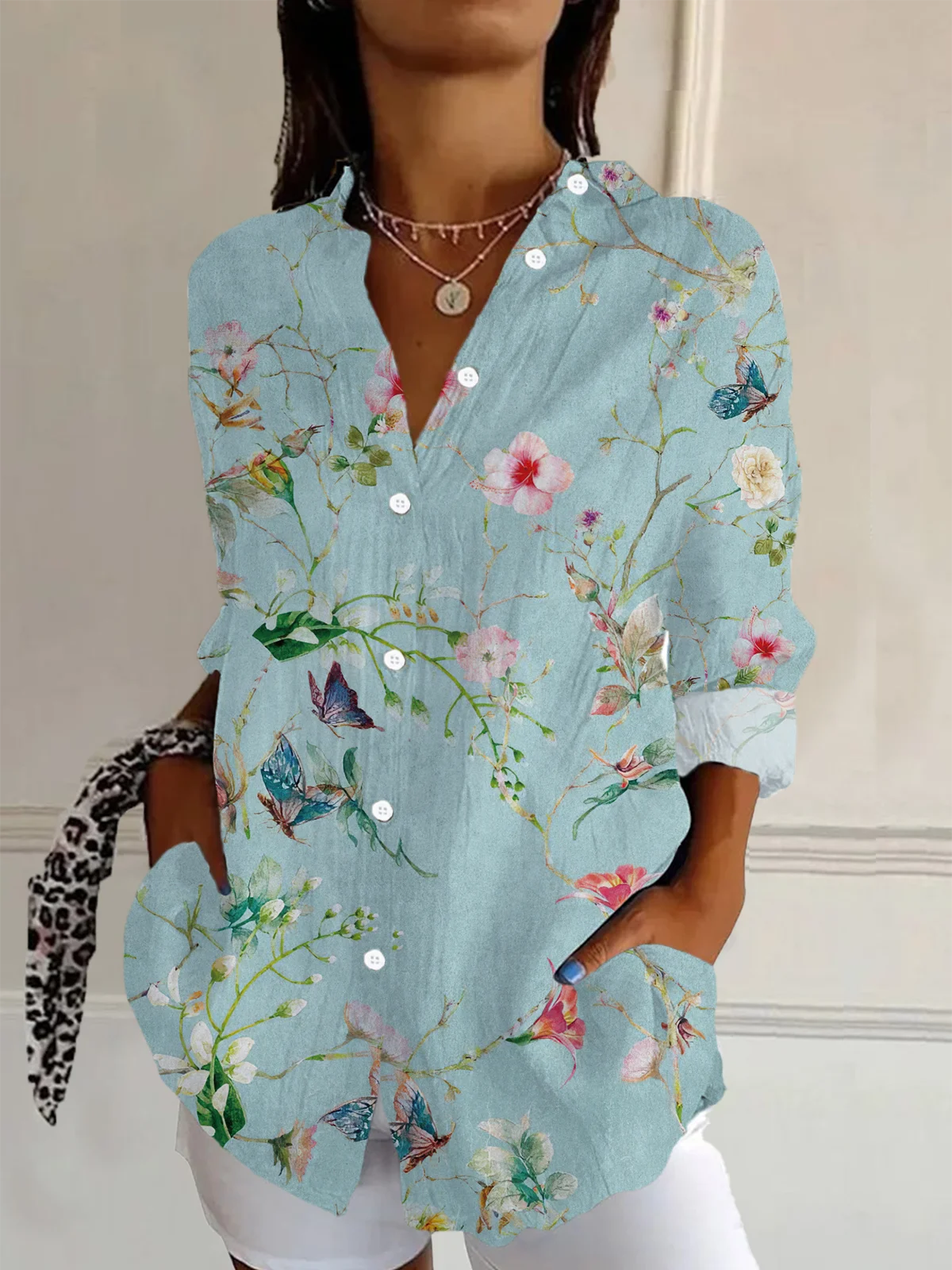 Women's Long Sleeve Shirt Spring/Fall Floral Buckle Shirt Collar Daily Going Out Casual Top