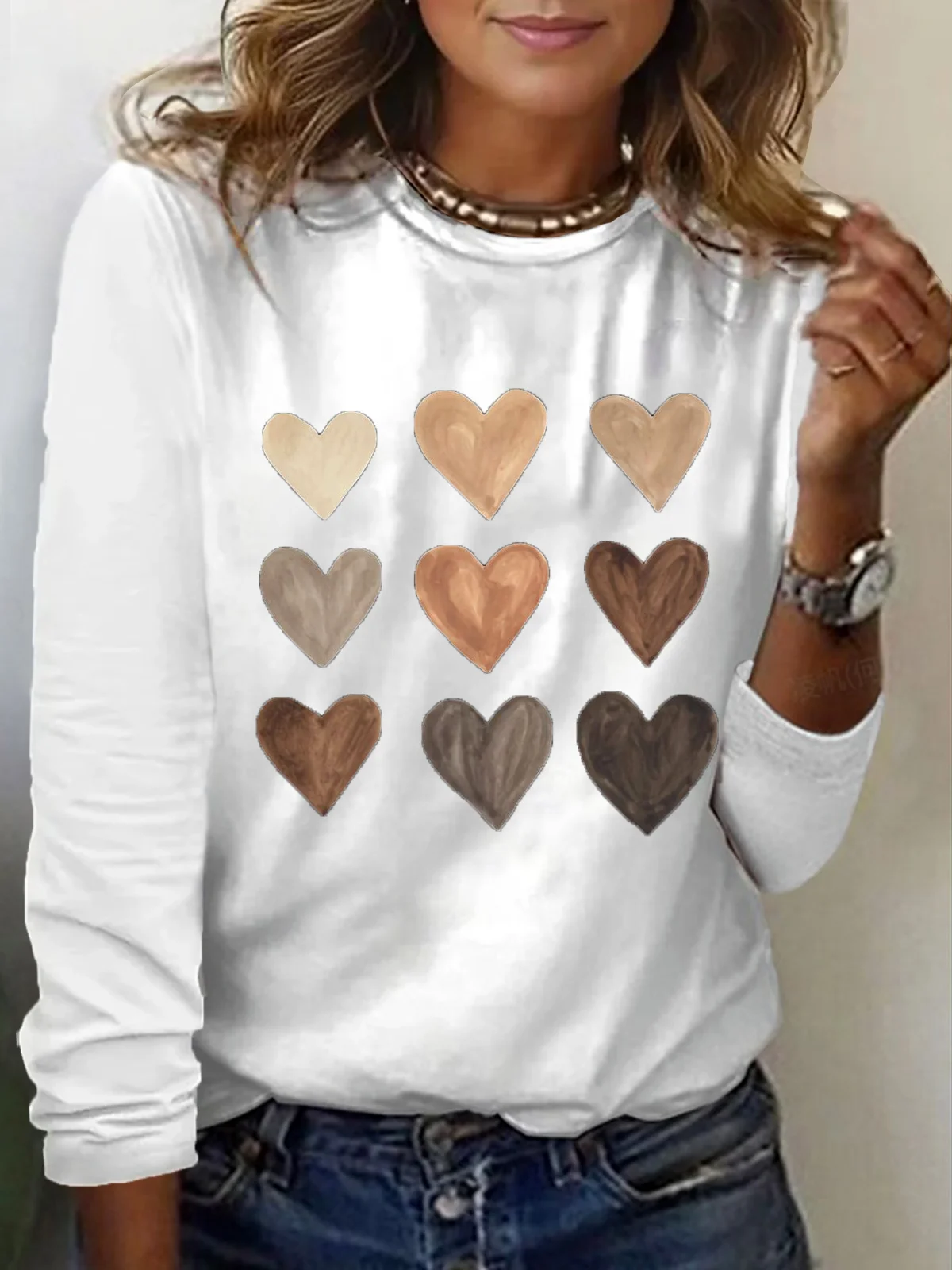 Women's Long Sleeve Tee T-shirt Spring/Fall Heart/Cordate Printing Crew Neck Casual Graphic Tee Top