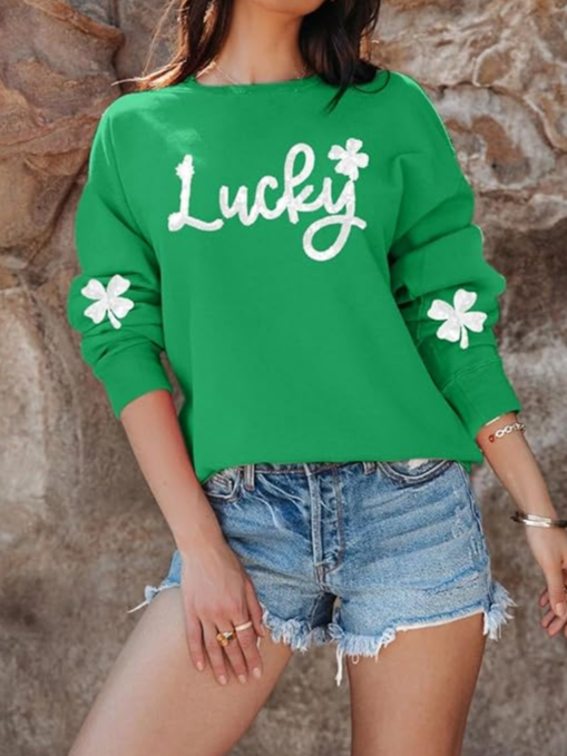 Women's Four-leaf Clover Crew Neck Casual Spring/Fall Long Sleeve Sweatshirt