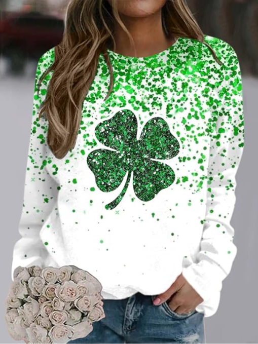 Women's Four-leaf Clover Crew Neck Casual Spring/Fall Long Sleeve Sweatshirt