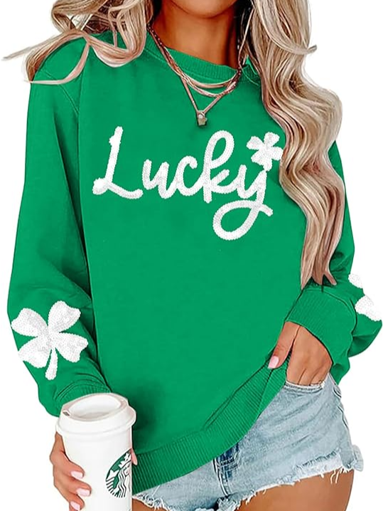 Women's Four-leaf Clover Crew Neck Casual Spring/Fall Long Sleeve Sweatshirt