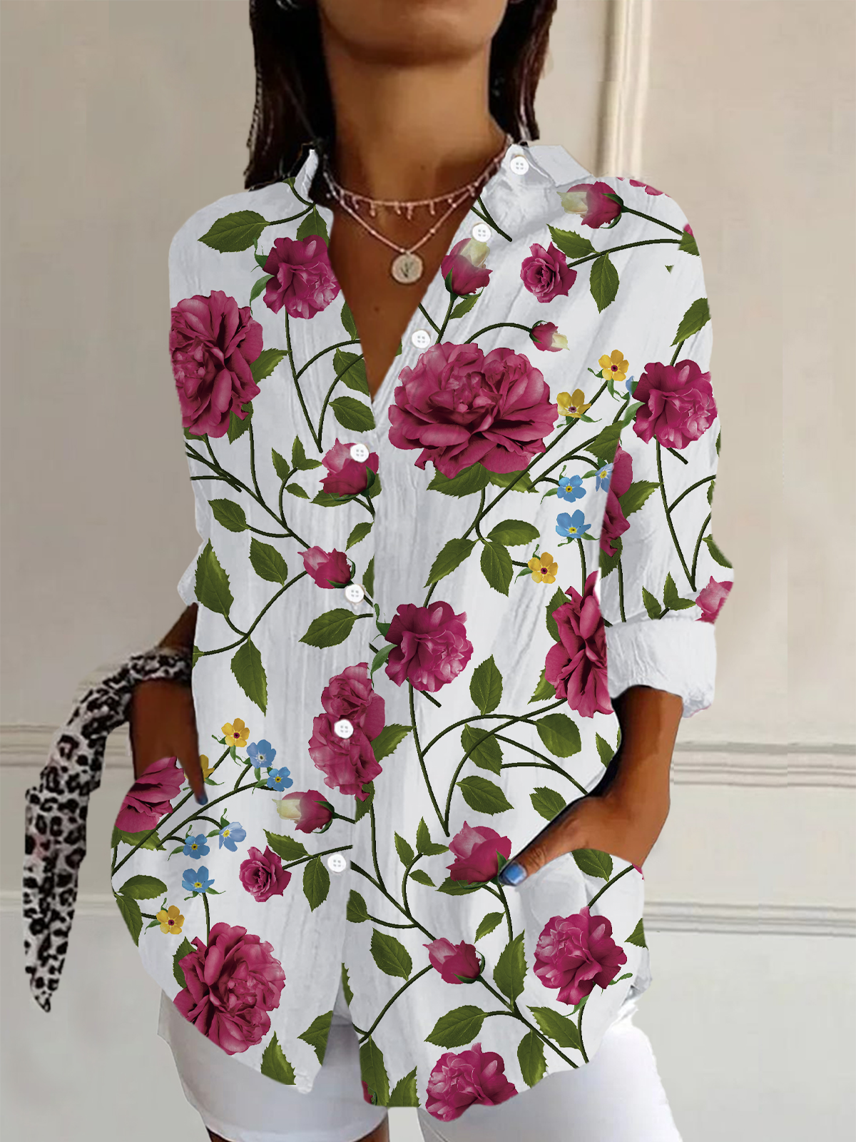 Women's Long Sleeve Shirt Spring/Fall Floral Buckle Shirt Collar Daily Going Out Casual Top