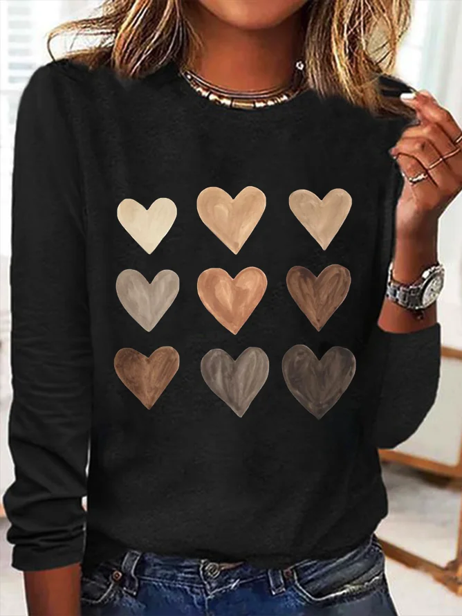 Women's Long Sleeve Tee T-shirt Spring/Fall Heart/Cordate Printing Crew Neck Casual Graphic Tee Top