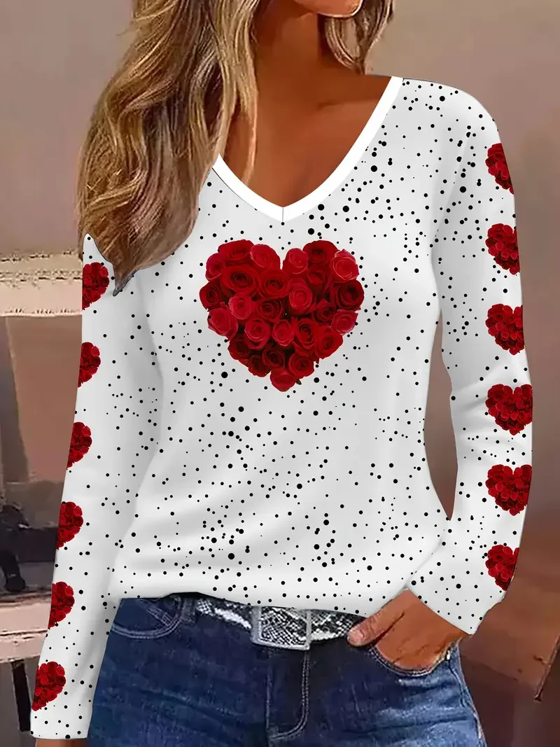 Women's Long Sleeve Tee T-shirt Spring/Fall Polka Dots Printing V Neck Casual Top