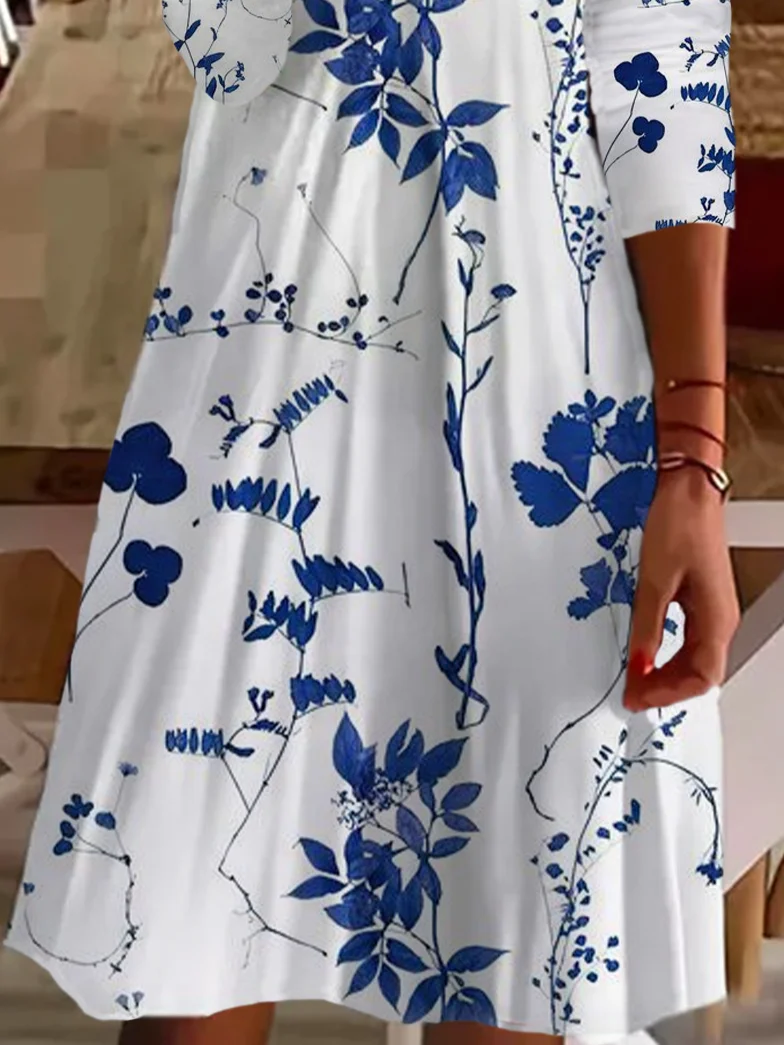 Women's Long Sleeve Summer Floral Printing Dress V Neck Daily Going Out Casual Midi Tunic A-Line Dress