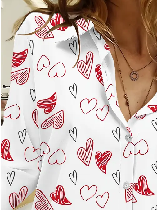 Women's Long Sleeve Shirt Spring/Fall Heart/Cordate Printing Shirt Collar Daily Going Out Casual Top