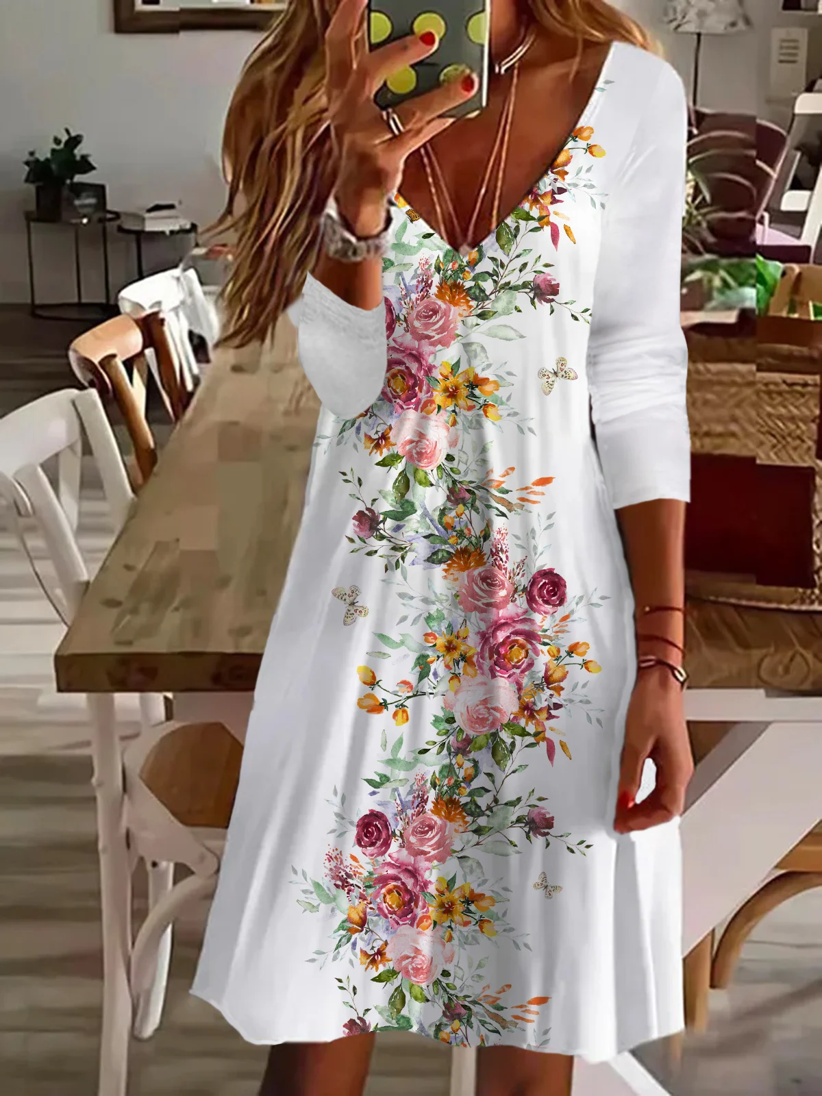 Women's Long Sleeve Summer Floral Printing Dress V Neck Daily Going Out Casual Midi Tunic A-Line Dress