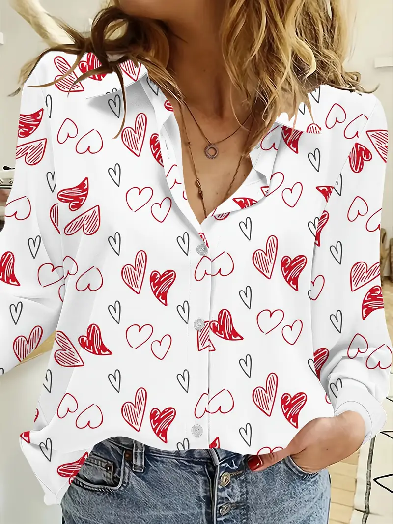 Women's Long Sleeve Shirt Spring/Fall Heart/Cordate Printing Shirt Collar Daily Going Out Casual Top