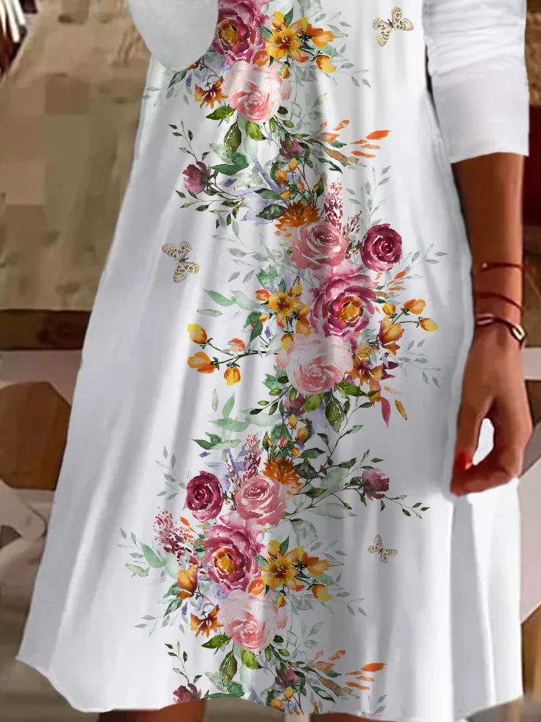 Women's Long Sleeve Summer Floral Printing Dress V Neck Daily Going Out Casual Midi Tunic A-Line Dress