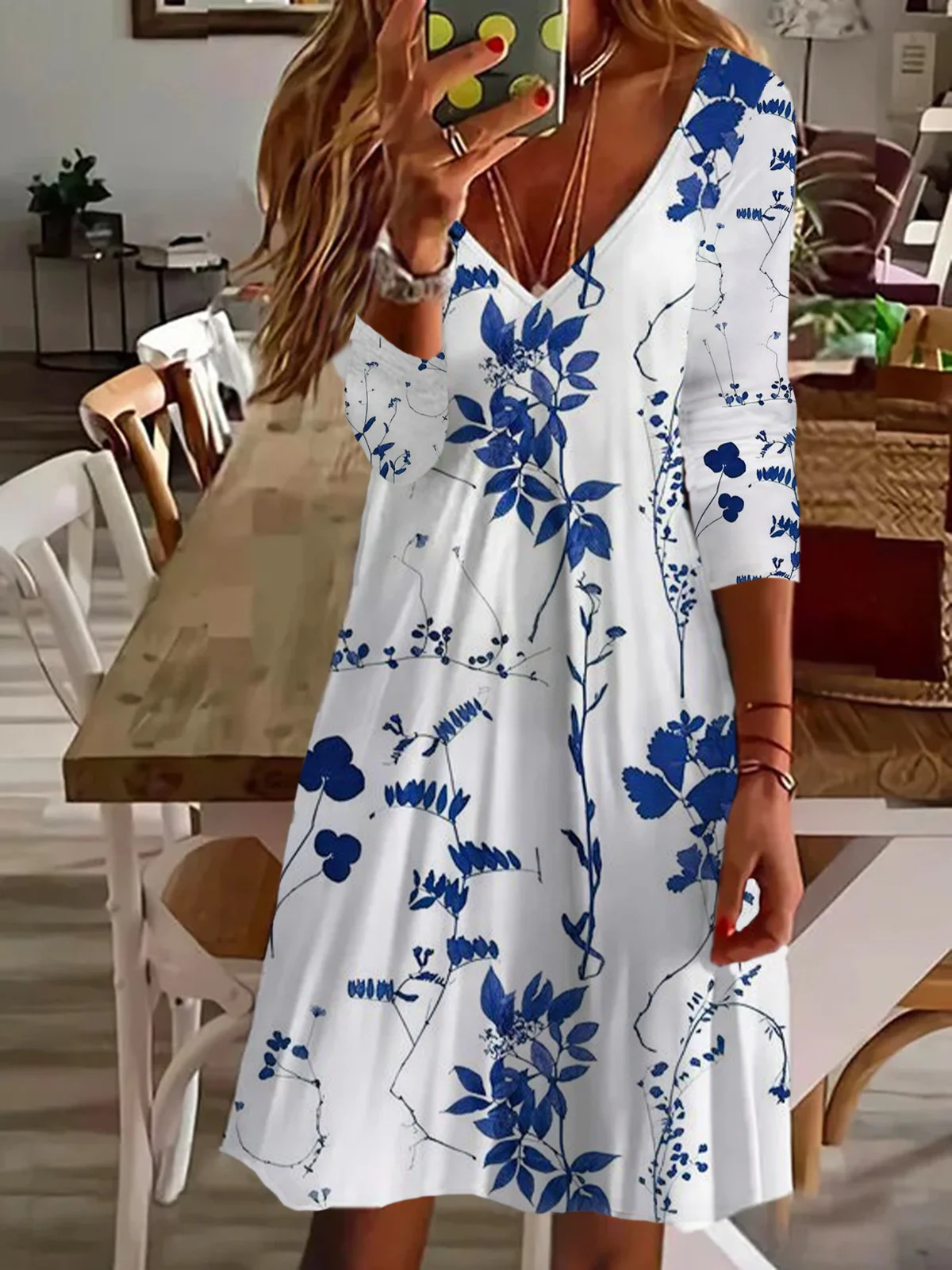 Women's Long Sleeve Summer Floral Printing Dress V Neck Daily Going Out Casual Midi Tunic A-Line Dress