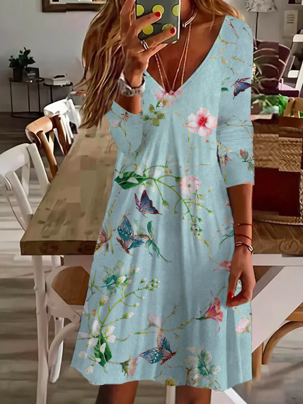 Women's Long Sleeve Summer Floral Printing Dress V Neck Daily Going Out Casual Midi Tunic A-Line Dress