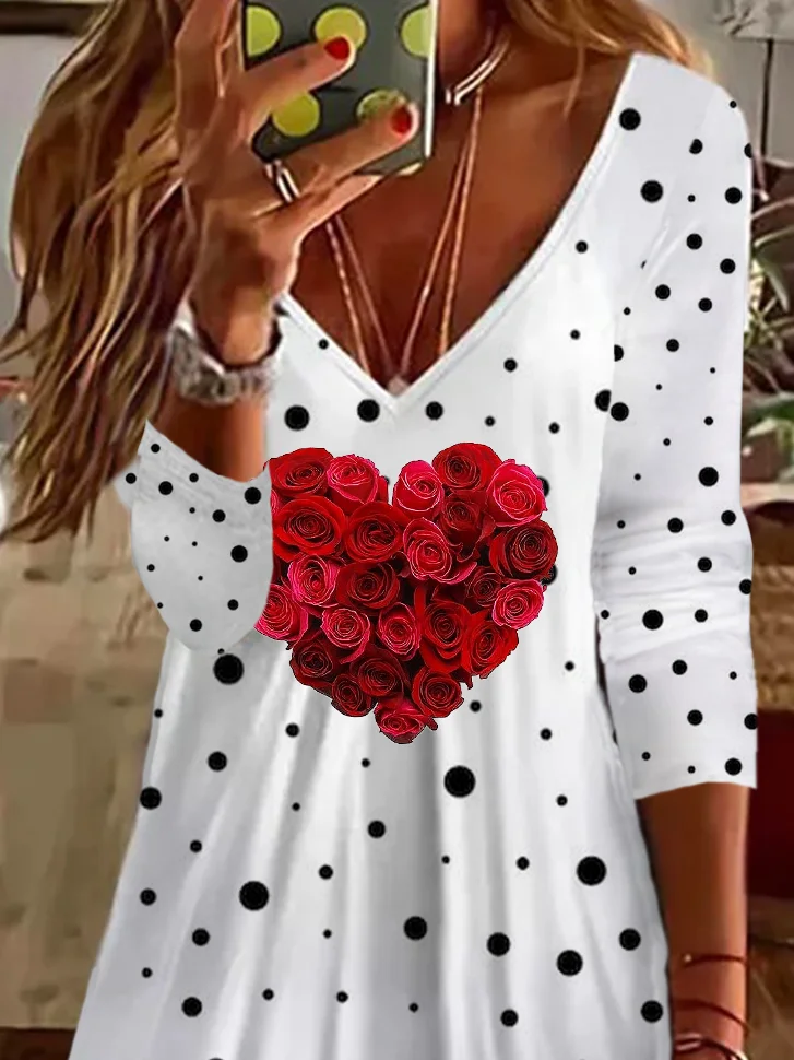 Women's Long Sleeve Summer Polka Dots Printing Dress V Neck Daily Going Out Casual Midi Tunic A-Line Dress