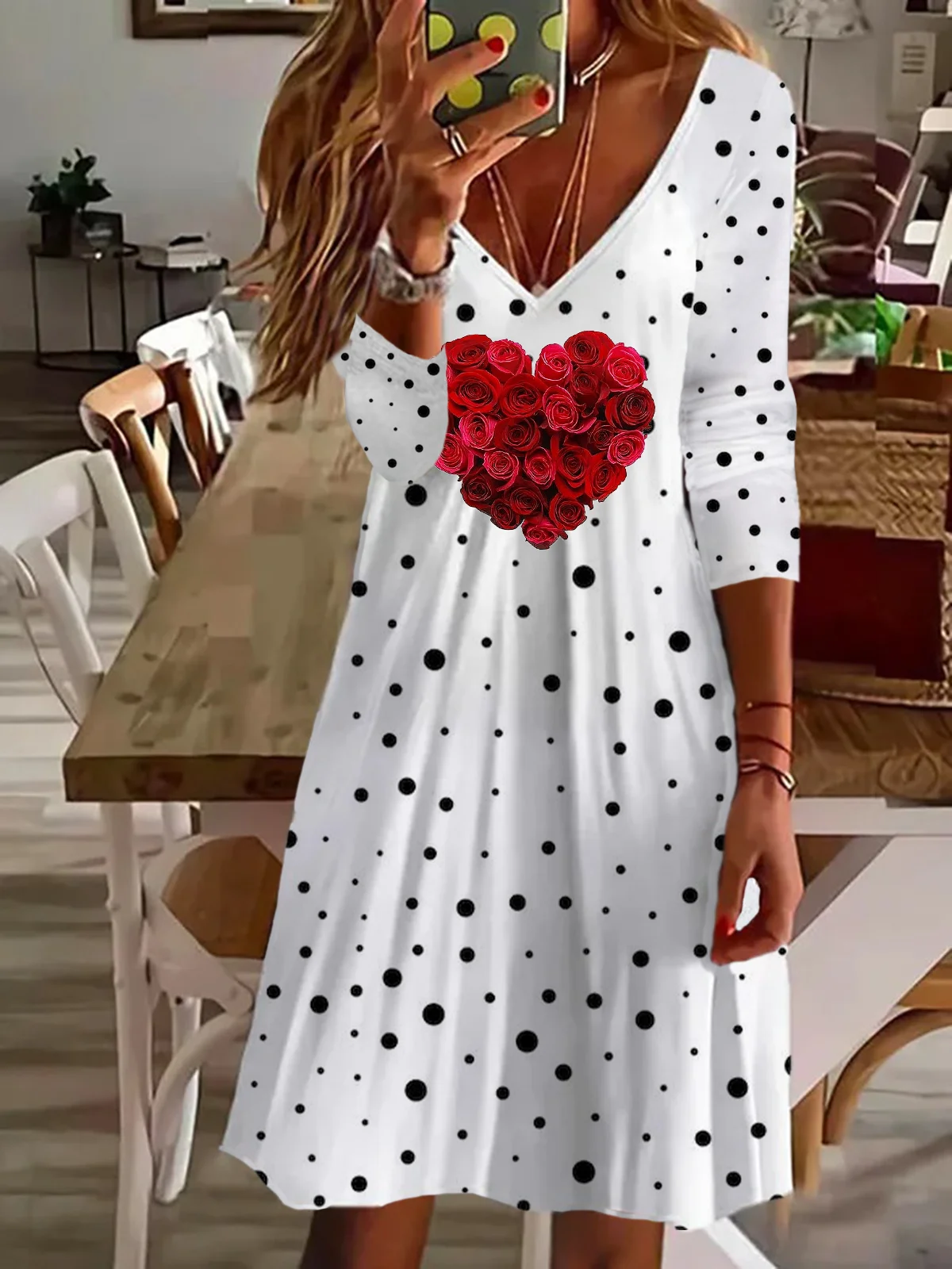 Women's Long Sleeve Summer Polka Dots Printing Dress V Neck Daily Going Out Casual Midi Tunic A-Line Dress