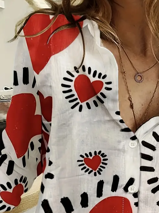 Women's Long Sleeve Shirt Spring/Fall Heart/Cordate Printing Shirt Collar Daily Going Out Casual Top