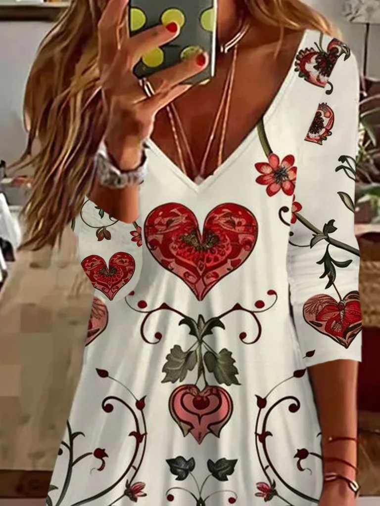 Women's Long Sleeve Summer Floral Printing Dress V Neck Daily Going Out Casual Midi Tunic A-Line Dress