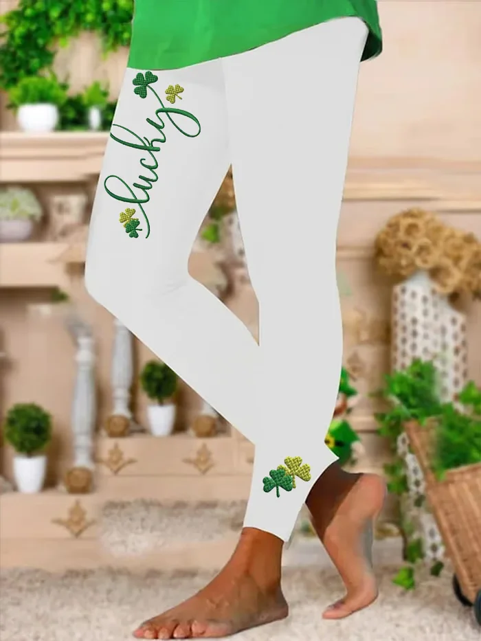 Women's Casual Text Letters Jersey St. Patrick's Day Floral Long Leggings