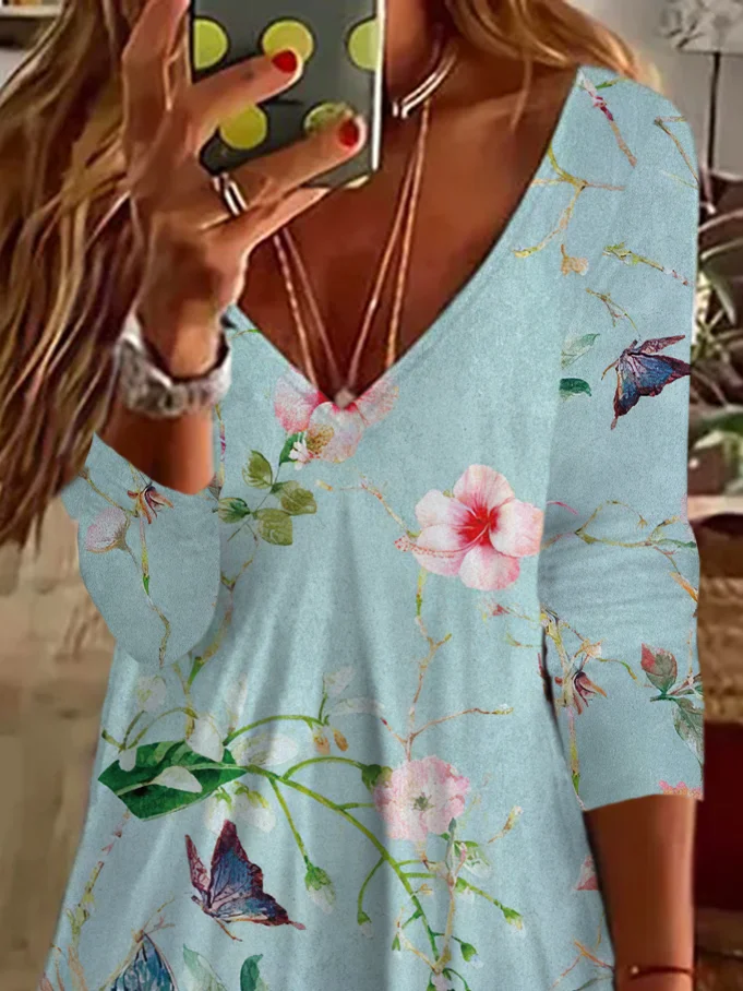 Women's Long Sleeve Summer Floral Printing Dress V Neck Daily Going Out Casual Midi Tunic A-Line Dress