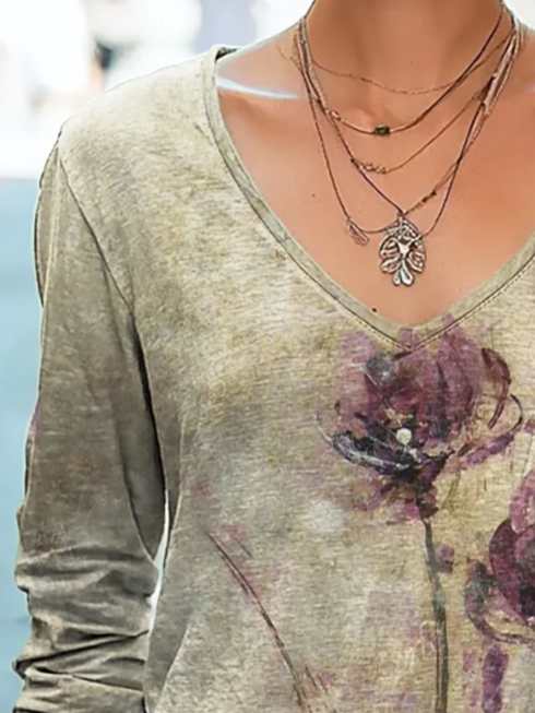 Women's Long Sleeve Tee T-shirt Spring/Fall Floral Printing V Neck Casual Top