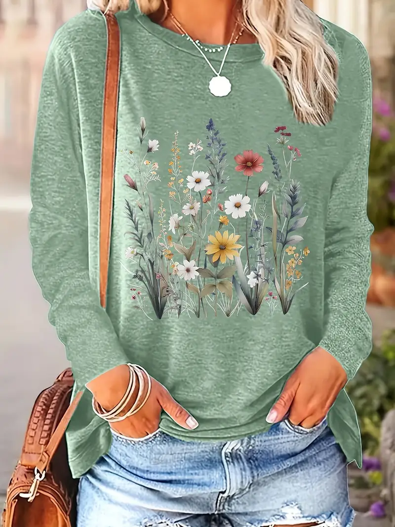 Women's Long Sleeve Tee T-shirt Spring/Fall Floral Printing Crew Neck Casual Top