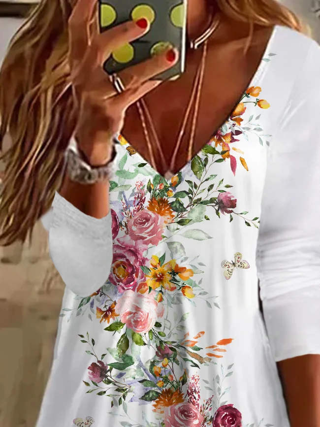 Women's Long Sleeve Summer Floral Printing Dress V Neck Daily Going Out Casual Midi Tunic A-Line Dress