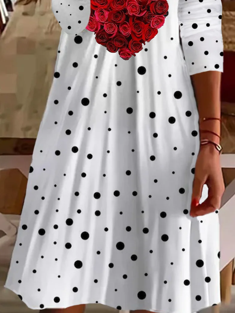 Women's Long Sleeve Summer Polka Dots Printing Dress V Neck Daily Going Out Casual Midi Tunic A-Line Dress