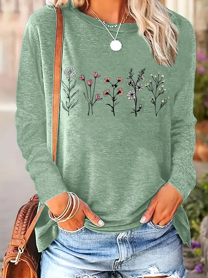 Women's Long Sleeve Tee T-shirt Spring/Fall Floral Printing Crew Neck Casual Top