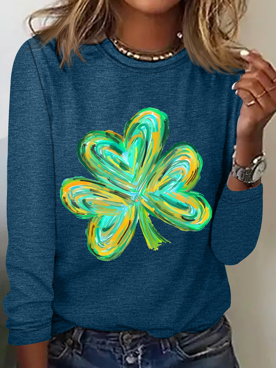 Women's Shamrock Long Sleeve Blouse_ Spring/Fall Crew Neck Daily Casual Top