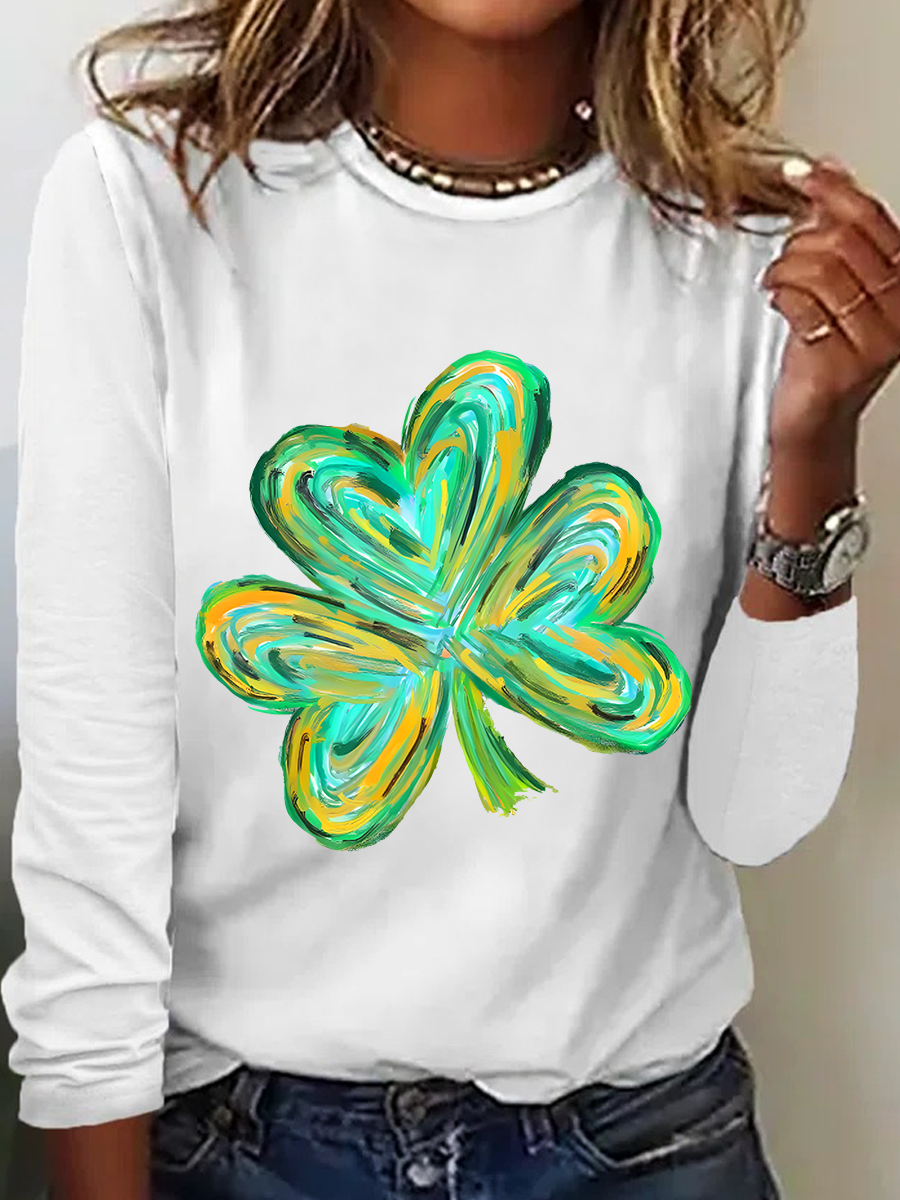 Women's Shamrock Long Sleeve Blouse_ Spring/Fall Crew Neck Daily Casual Top