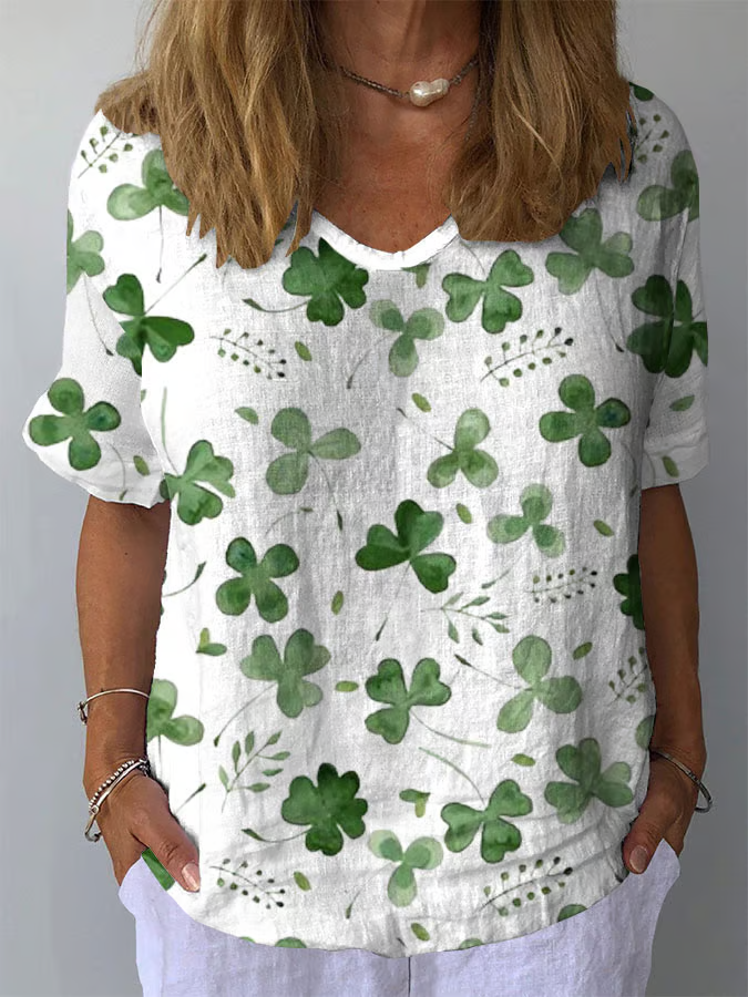 Women's Four-leaf Clover Short Sleeve Blouse_ Summer Crew Neck Daily Casual Top