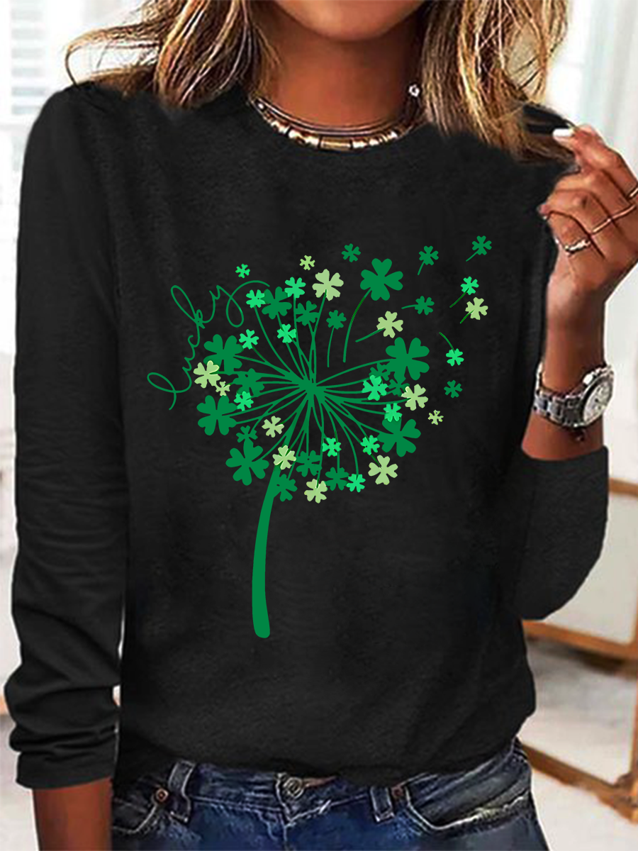 Women's Shamrock Long Sleeve Blouse_ Spring/Fall Crew Neck Daily Casual Top