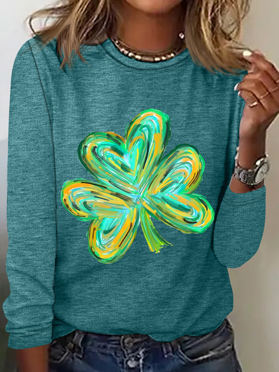 Women's Shamrock Long Sleeve Blouse_ Spring/Fall Crew Neck Daily Casual Top