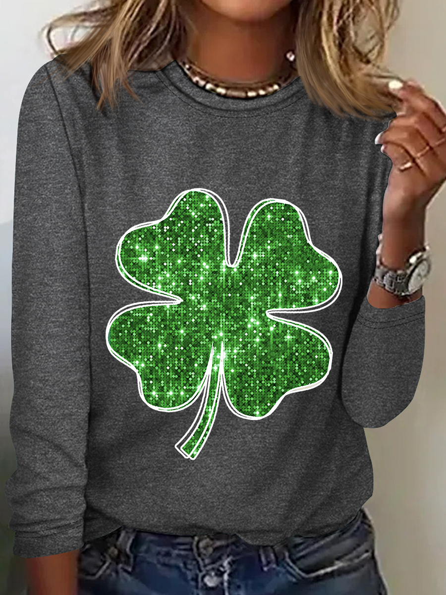 Women's Four-leaf Clover Long Sleeve Blouse_ Spring/Fall Crew Neck Daily Casual Top