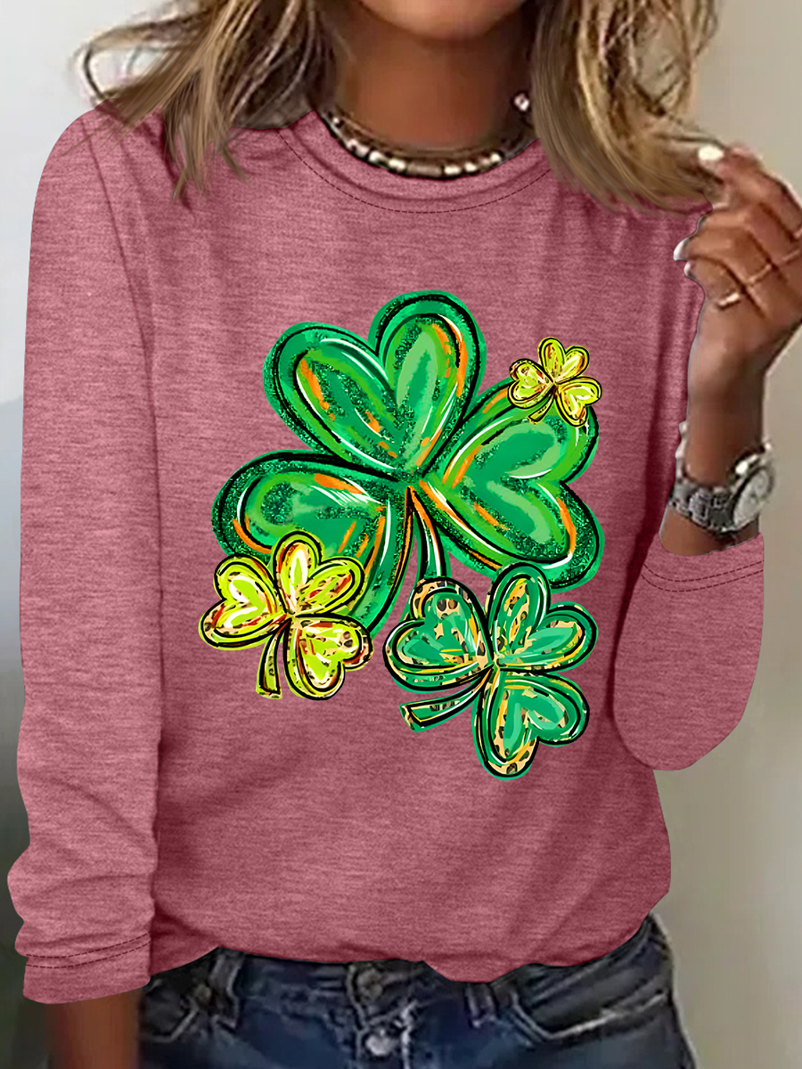 Women's Shamrock Long Sleeve Blouse_ Spring/Fall Crew Neck Daily Casual Top