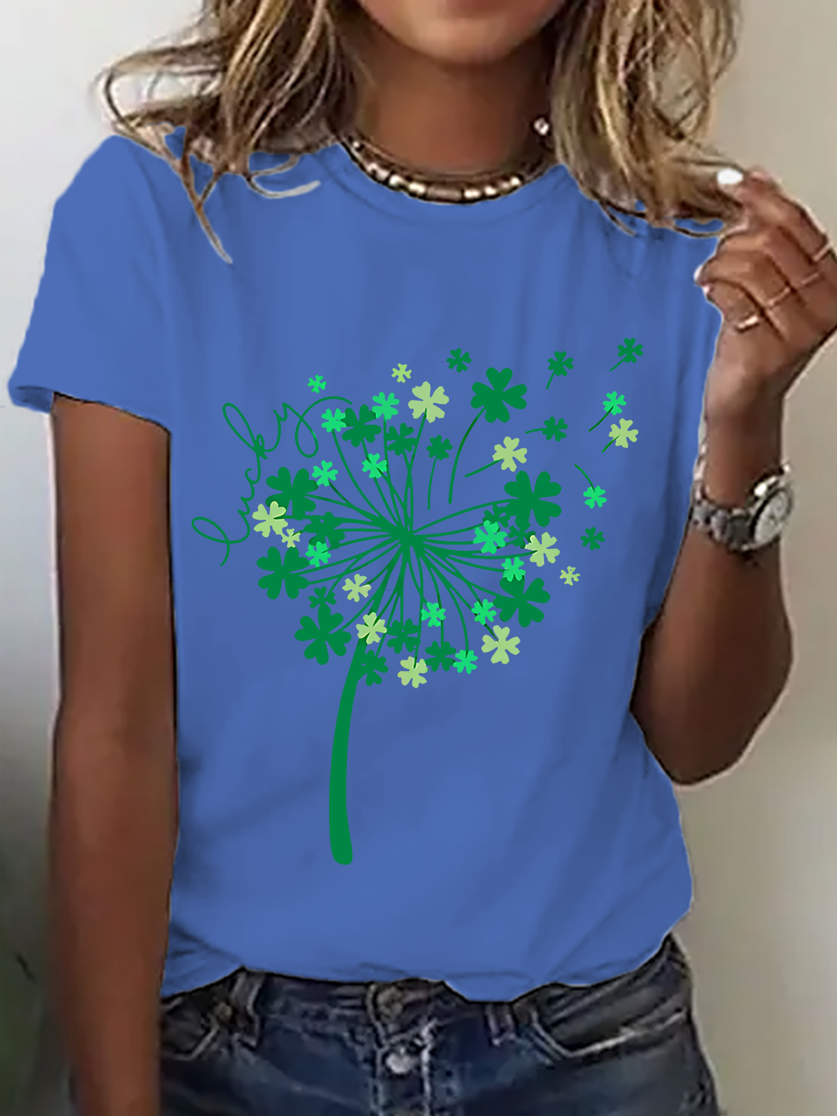 Women's Four-leaf Clover Short Sleeve Tee T-shirt Crew Neck Casual Summer Top