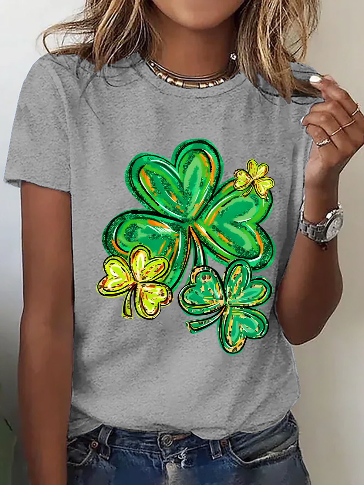 Women's Shamrock Short Sleeve Tee T-shirt Crew Neck Casual Summer Top